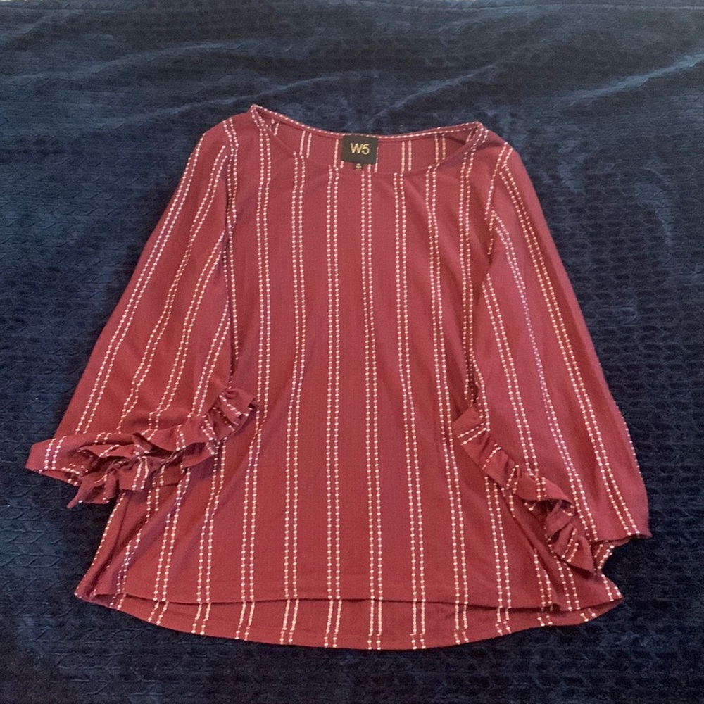 Burgundy and cream striped blouse with three-quarter length ruffled sleeves